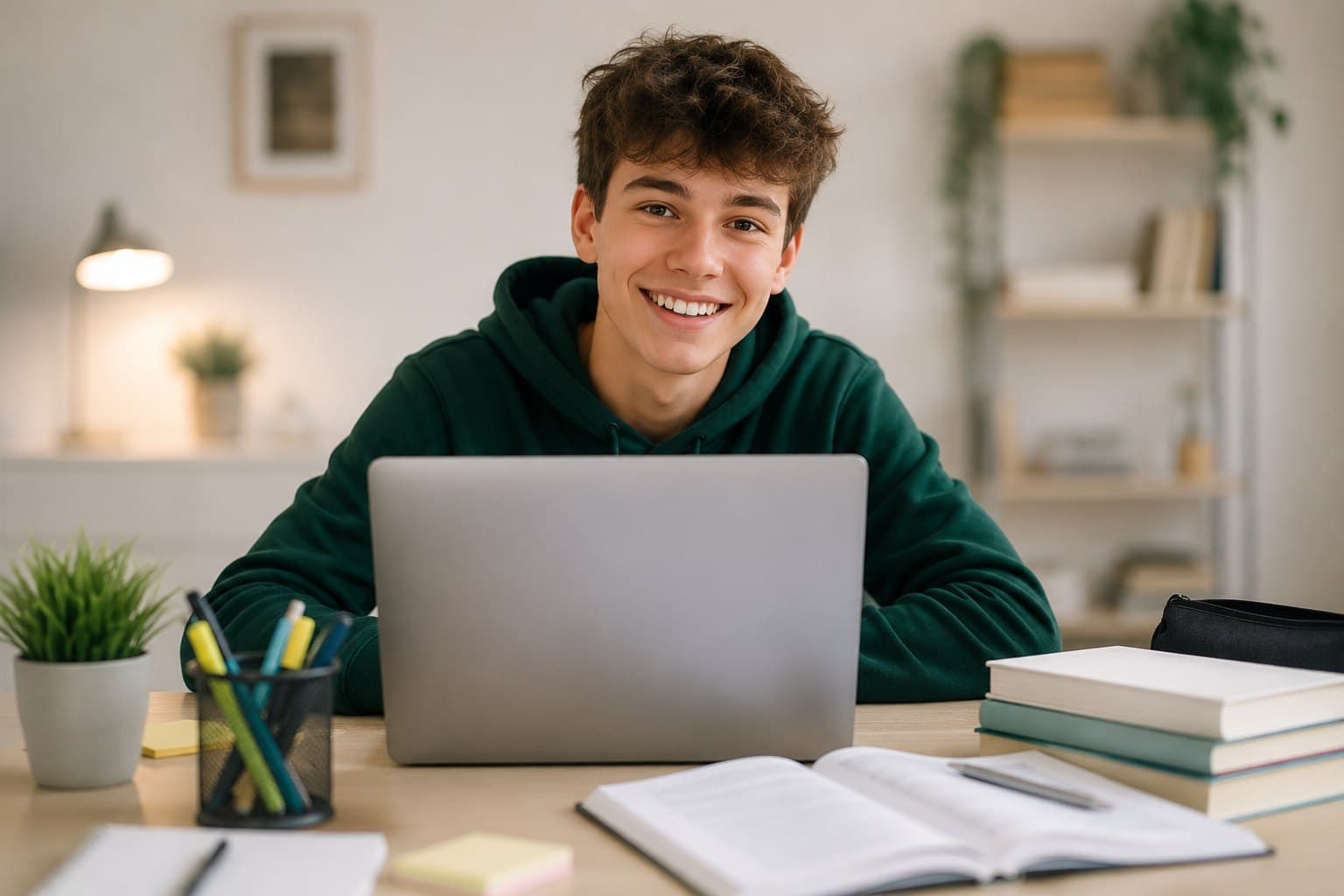 Schüler lernt mit Laptop am Schreibtisch